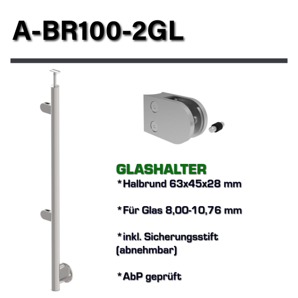 Edelstahl Geländerpfosten links Ø42,4 Bauhöhe 1000mm mit 2x Glasklemmen 63x45mm vorgesetzt Geländer V2A